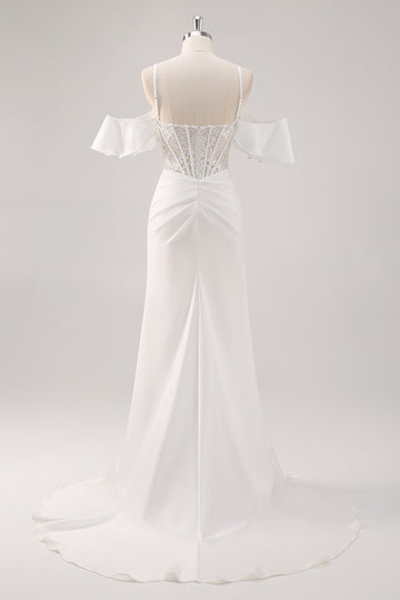 White Mermaid Cold Shoulder Corset Appliqued Long Prom Dress with Slit